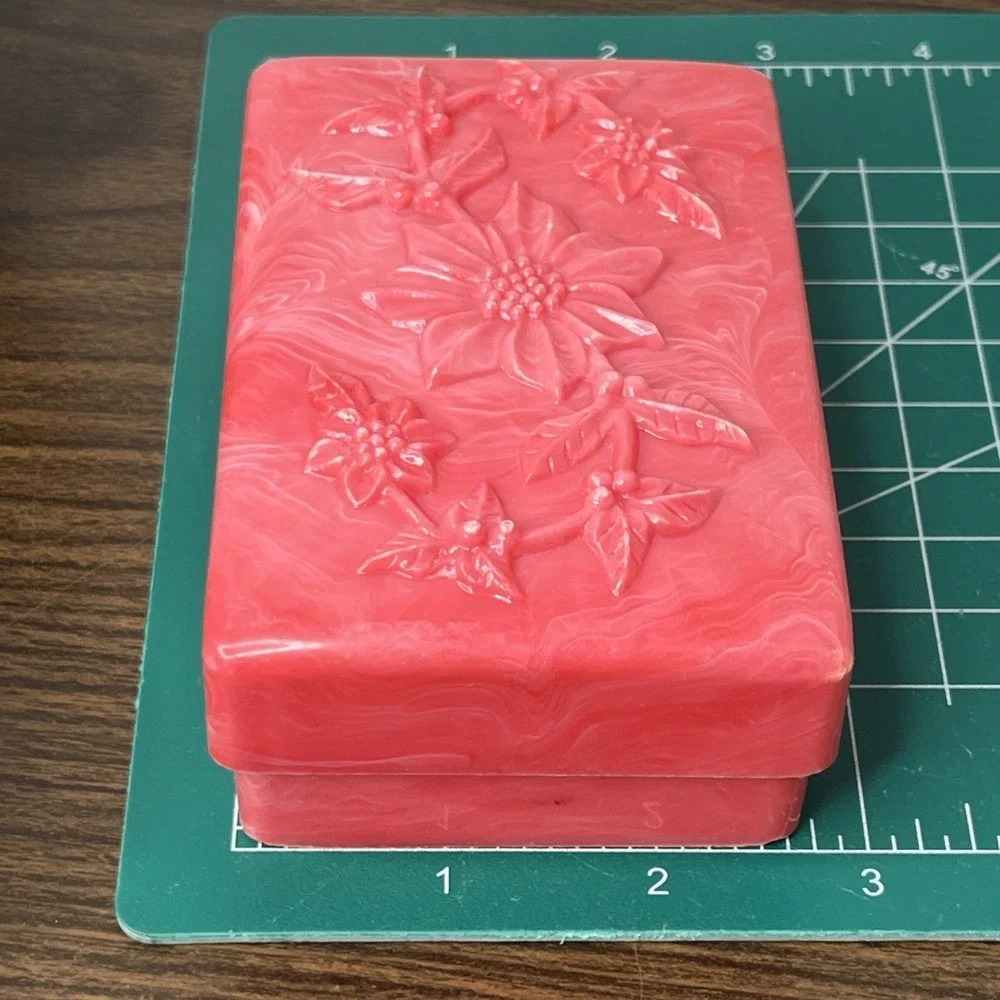 VTG Pink Marbled TILCO Soap / Trinket Box w Floral Embossed Lid Celluloid?
